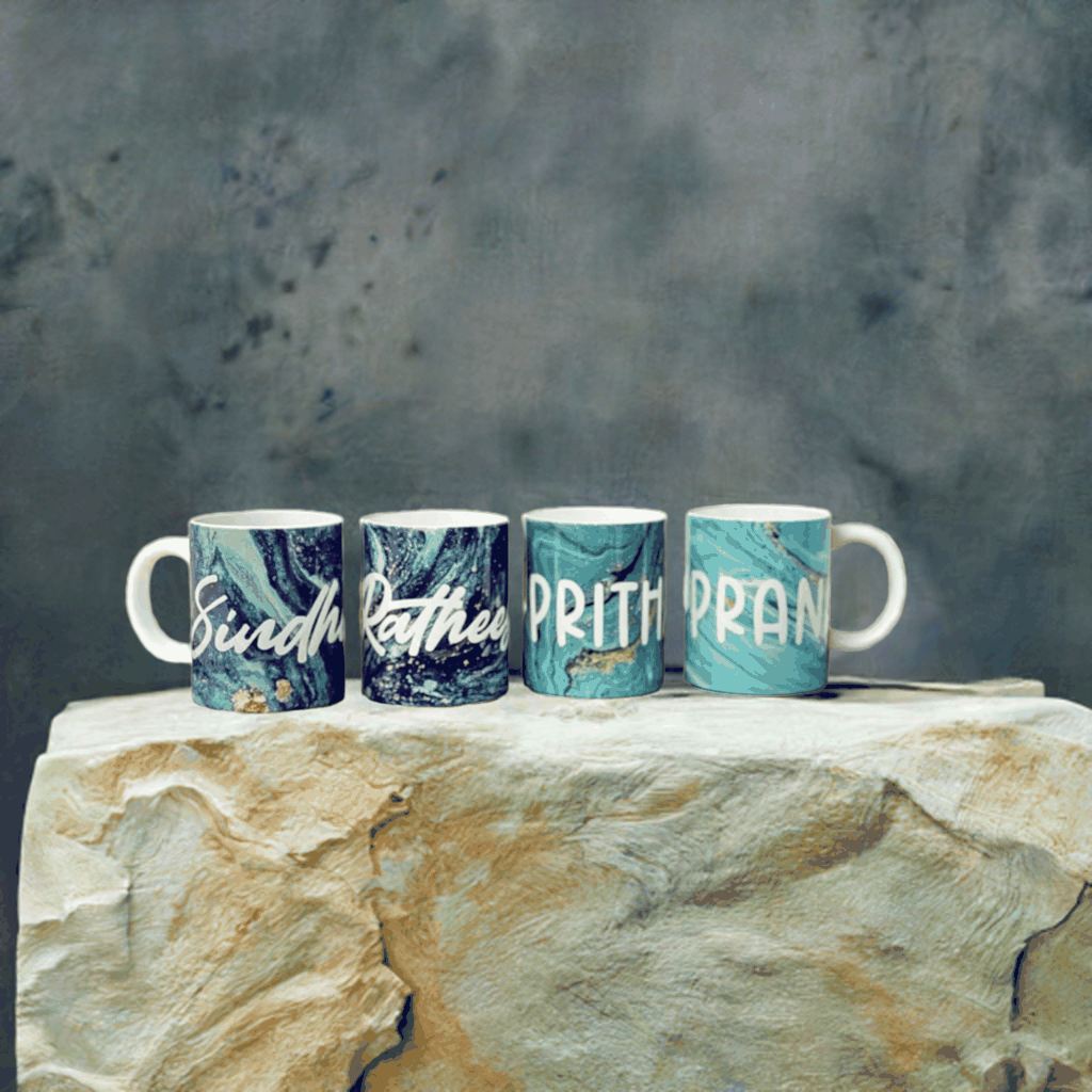 Family pack of custom text mugs by Makers Morph showcasing personalized designs for special occasions.